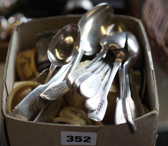 Qty. silver spoons & collection of ivory napkin rings